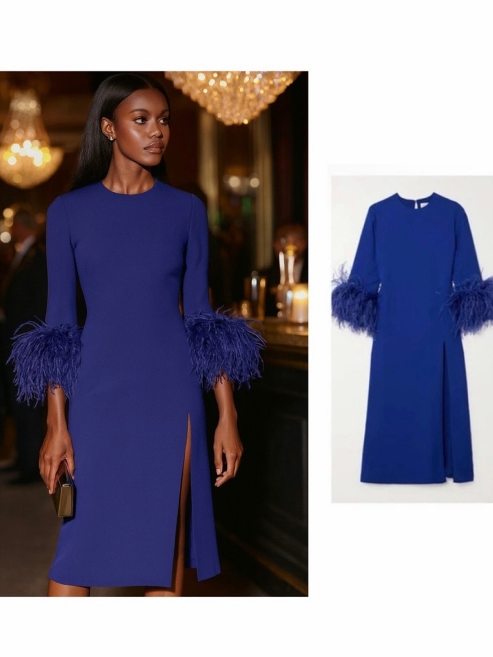 16Arlington Blue Midi Dress Feather Trim 6 Wedding Guest Cocktail Formal NWT 🟠